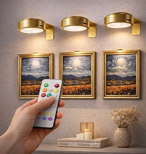 LAmore Picture Lights for Wall, Set of two 2000mAh Rechargeable Battery Magnetic Poster Lights with 3 Color Temps & 12 RGB, Remote Dimmable Timer Painting Light, Wall Decor Light for Art Display