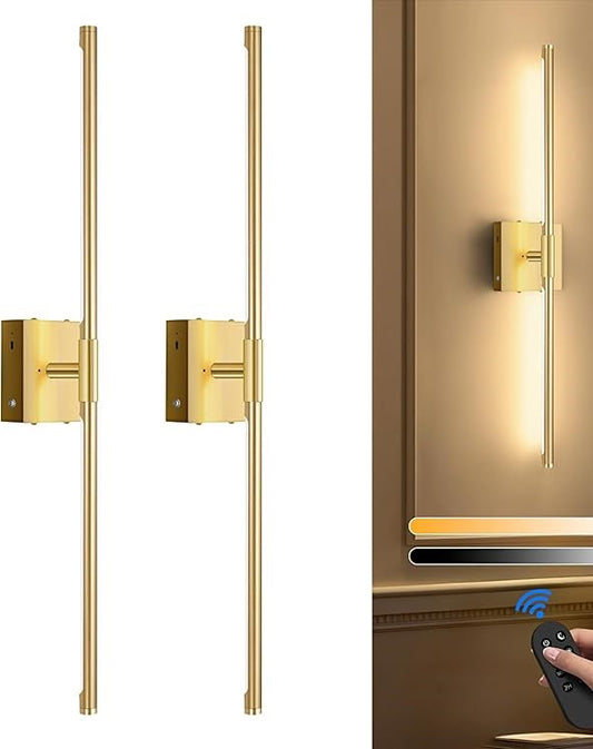 Gold wall-mounted light fixture with remote control on a white background